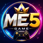 ME5 Game feature image with a modern gaming logo, gold crown, game controller, and vibrant blue neon background